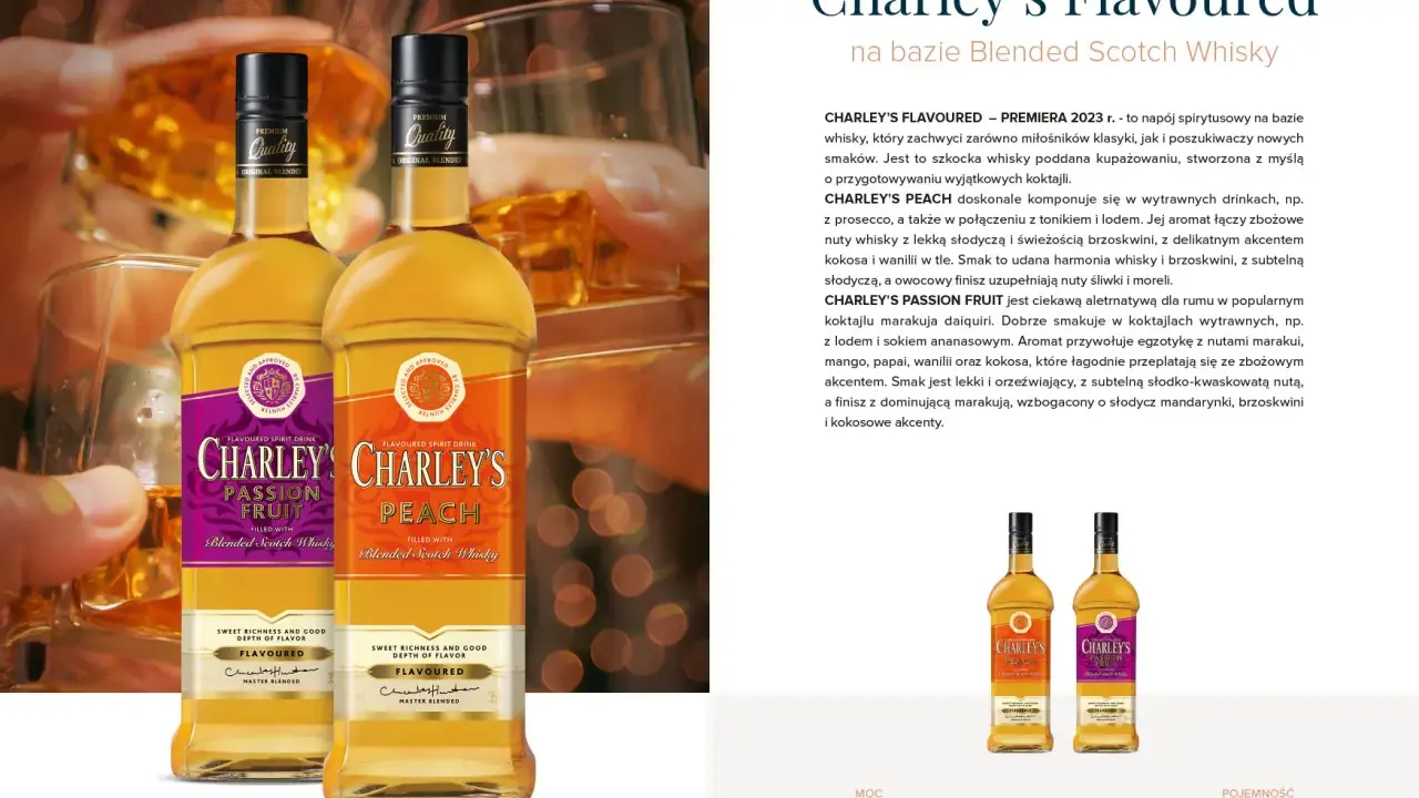 Dwie butelki Charley's Flavoured: brzoskwiniowa i marakuja. Idealne do koktajli, jak sugeruje nazwa Charley's whisky.