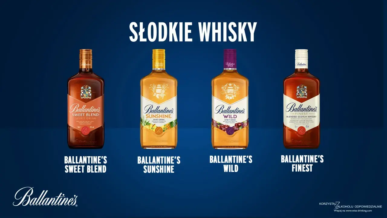 Cztery butelki whisky Ballantine's: Sweet Blend, Sunshine, Wild i Finest. Ballantine's 12 years to klasyka.