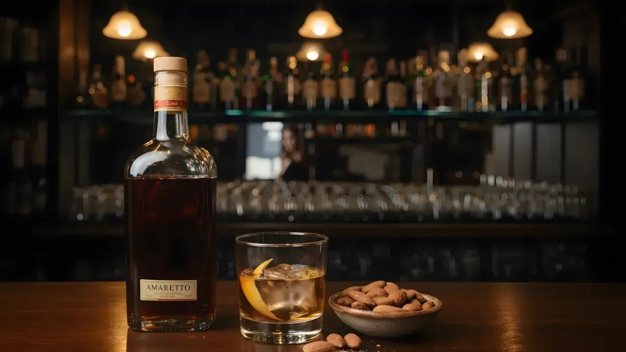 Butelka amaretto, szklanka z lodem i skórką pomarańczy, miseczka migdałów. Idealny zestaw, by dowiedzieć się, amaretto co to.