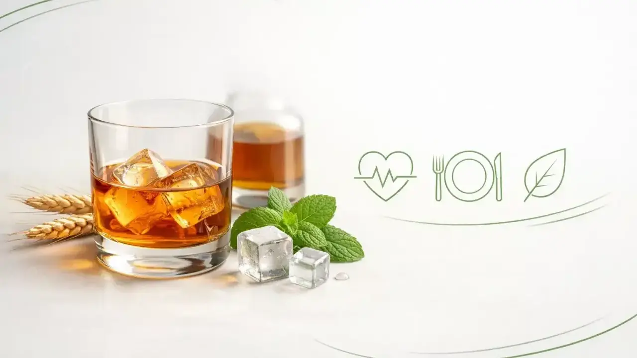 Szklanka whisky z lodem, butelka, kłosy zboża i mięta. Wyobraź sobie, że to pomieszczenie, w którym dojrzewa whisky.
