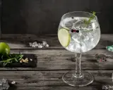 Orzeźwiający gin and tonic z plasterkiem limonki, gałązką rozmarynu i ziarnami pieprzu, na drewnianym blacie.