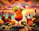 Tropikalny drink rum punch z owocami i butelkami alkoholu na plaży o zachodzie słońca.