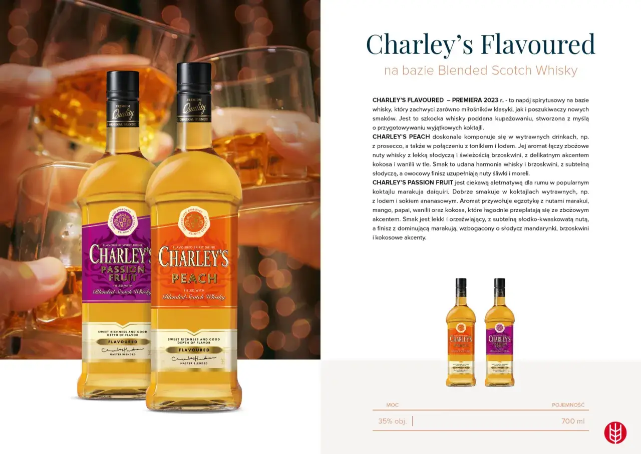 Dwie butelki Charley's Flavoured: brzoskwiniowa i marakuja. Idealne do koktajli, jak sugeruje nazwa Charley's whisky.