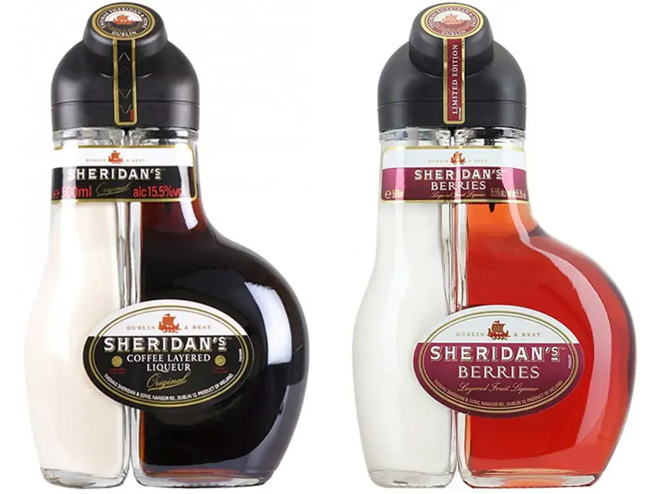 Dwie butelki Sheridan's: Original (kawa) i Berries (owoce leśne). Jak pić Sheridan's? Wystarczy przechylić butelkę, by połączyć warstwy.