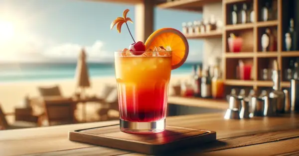 Kolorowy drink na plaży, idealny na letnie wieczory. Słoneczny drink sex, z wisienką i pomarańczą, na tle morza.