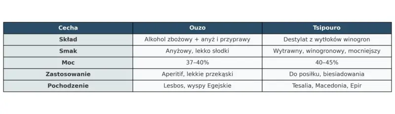 Tabela porównująca Ouzo i Tsipouro, dwa rodzaje greckiego alkoholu: skład, smak, moc i pochodzenie.
